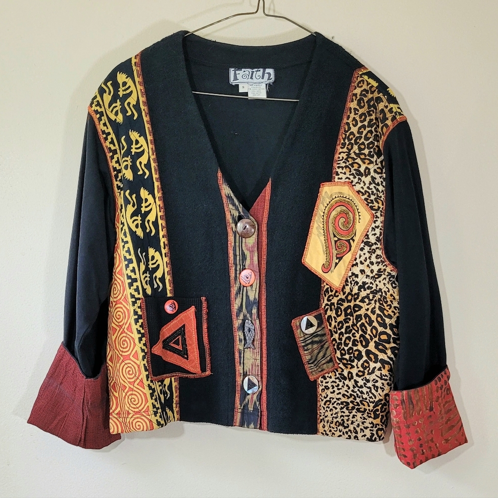Vintage FAITH Indonesian boho sweater multicolored patchwork with funky buttons
